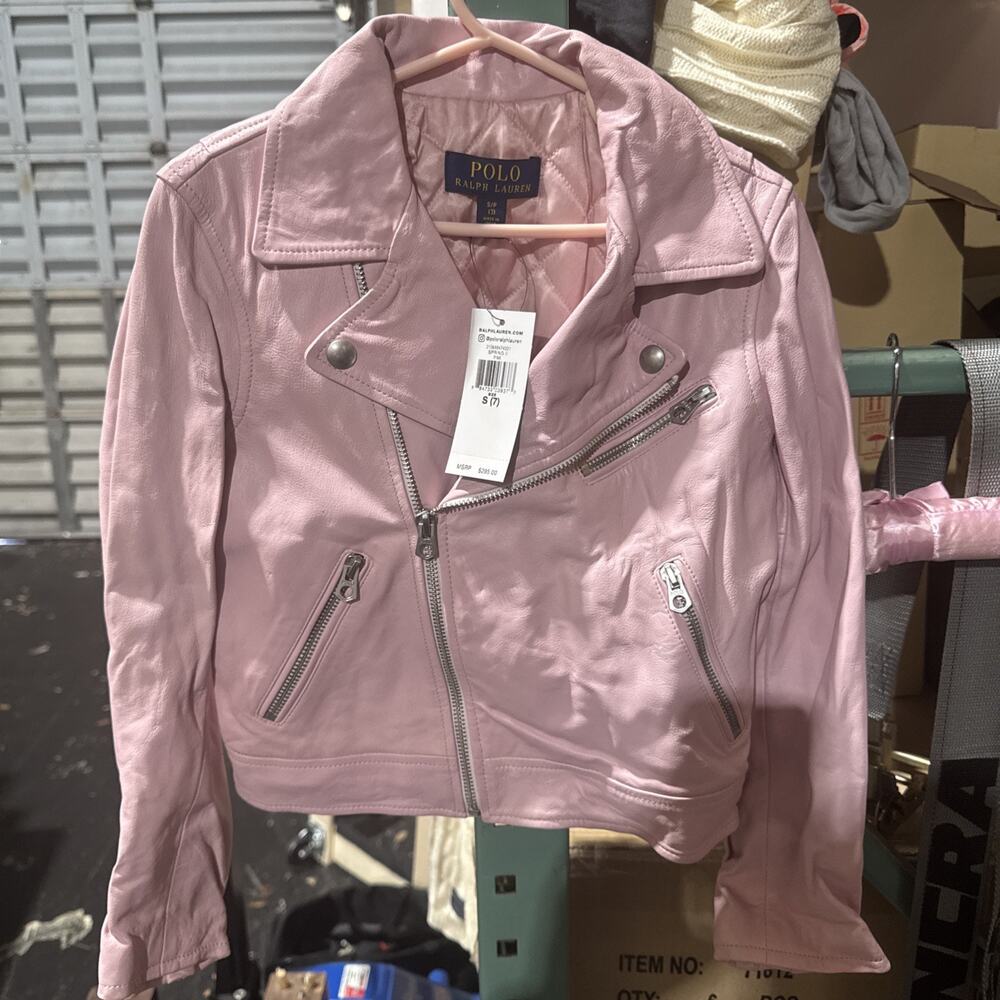 $295 Polo Ralph Lauren Leather Jacket Size 7 Pink Small Defect